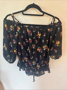 BCX Black Off-Shoulder Floral Peasant Top with Yellow & Pink Blooms